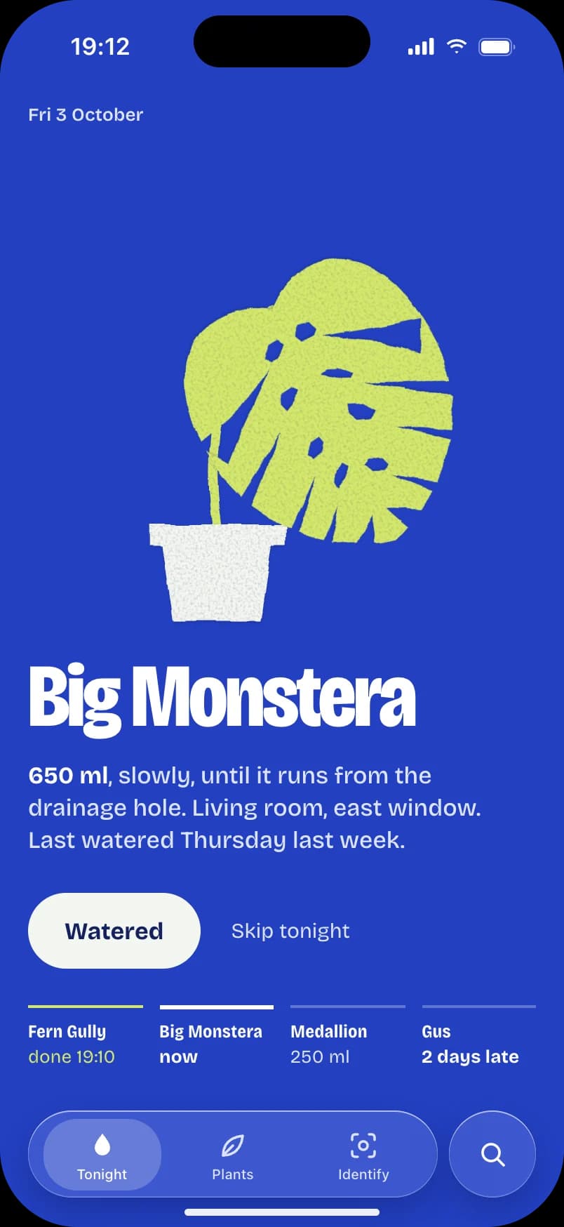 Fernly, a plant app as a Matisse cut-out: the Big Monstera needs 650 ml.