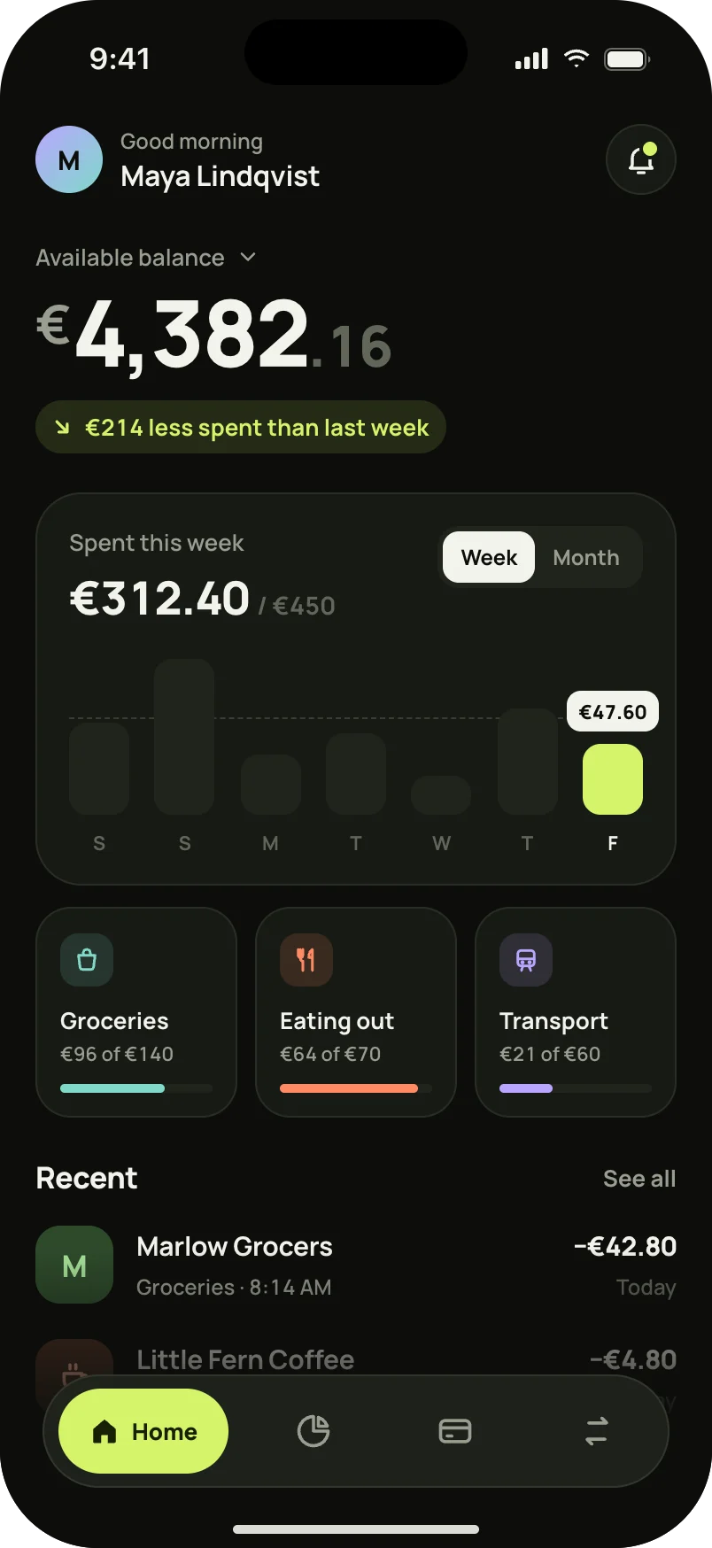 Penny before: a dark fintech dashboard with a lime accent, a greeting and three category tiles.