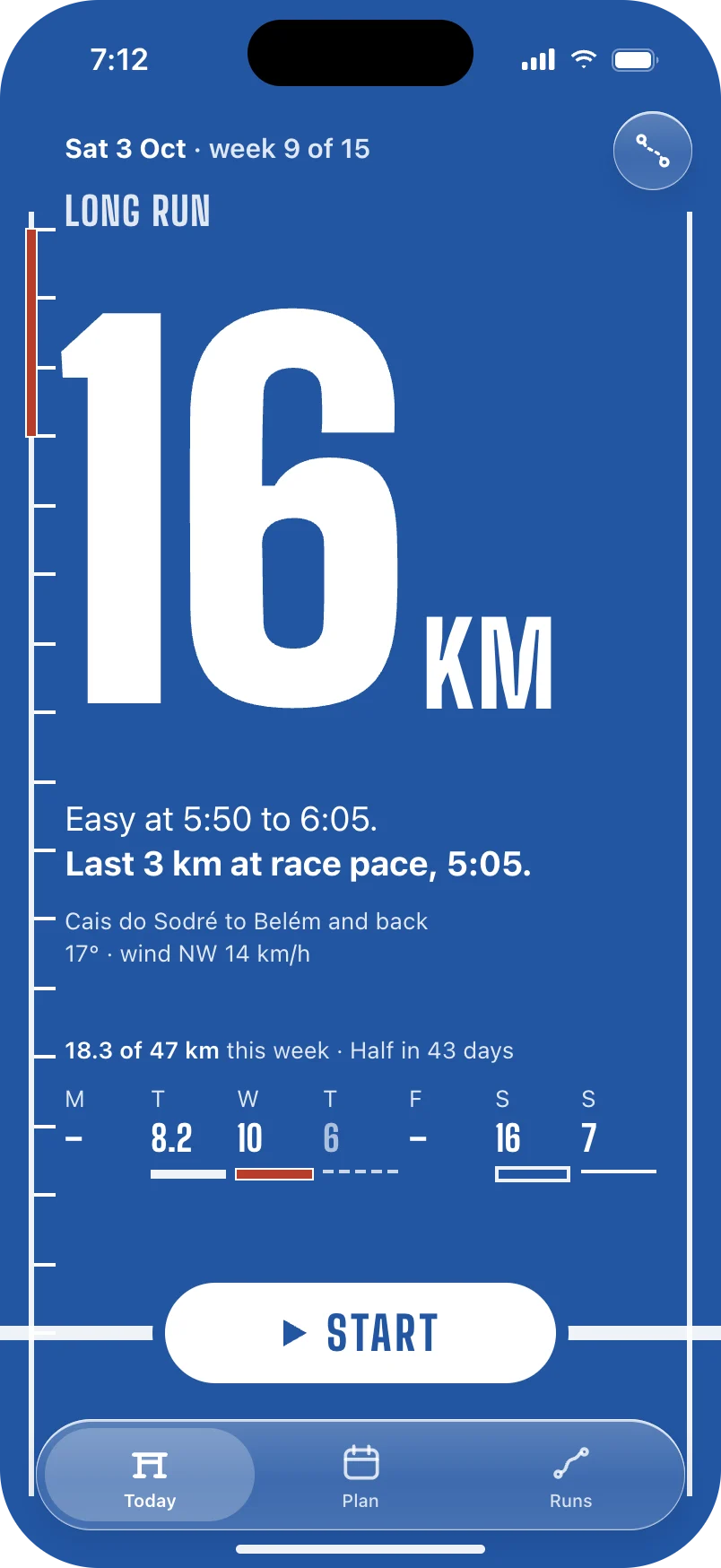 Stride, a running app set on an athletics track: today's long run, 16 km.