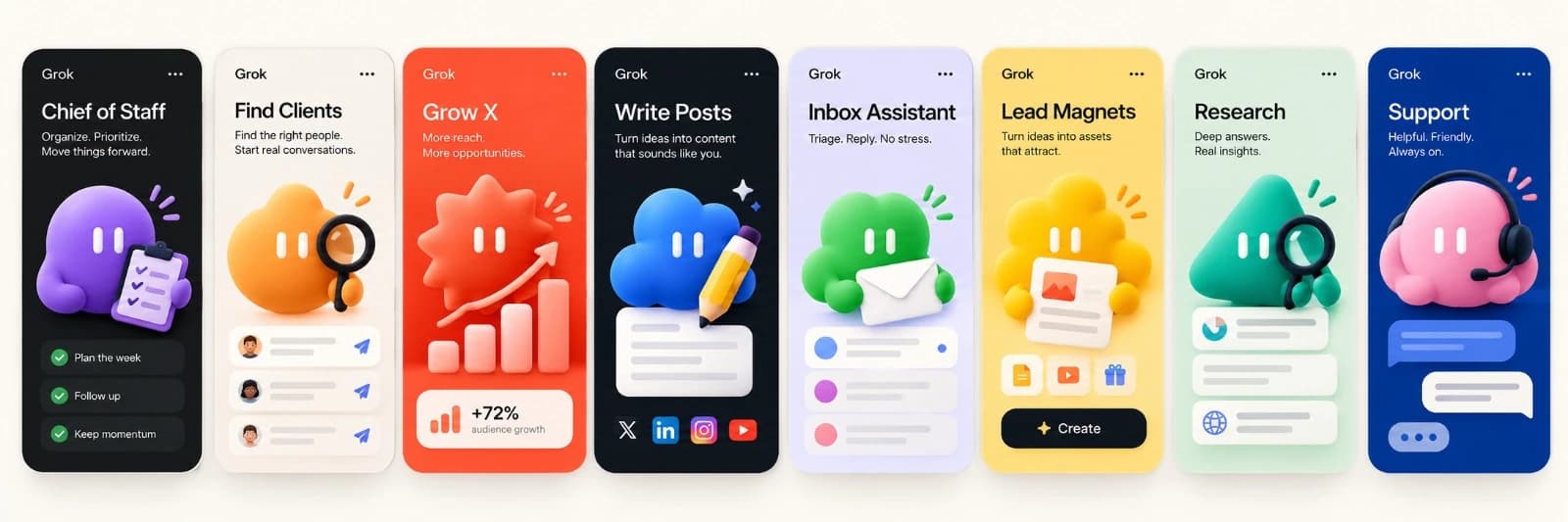 Example bots: Chief of Staff, Find Clients, Grow X, Write Posts, Inbox Assistant, Lead Magnets, Research and Support