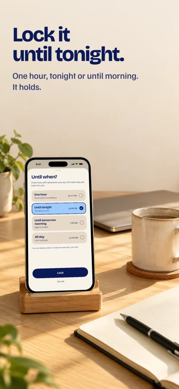 Lock it until tonight. The phone in a stand on a sunny desk; on screen, the lock options.