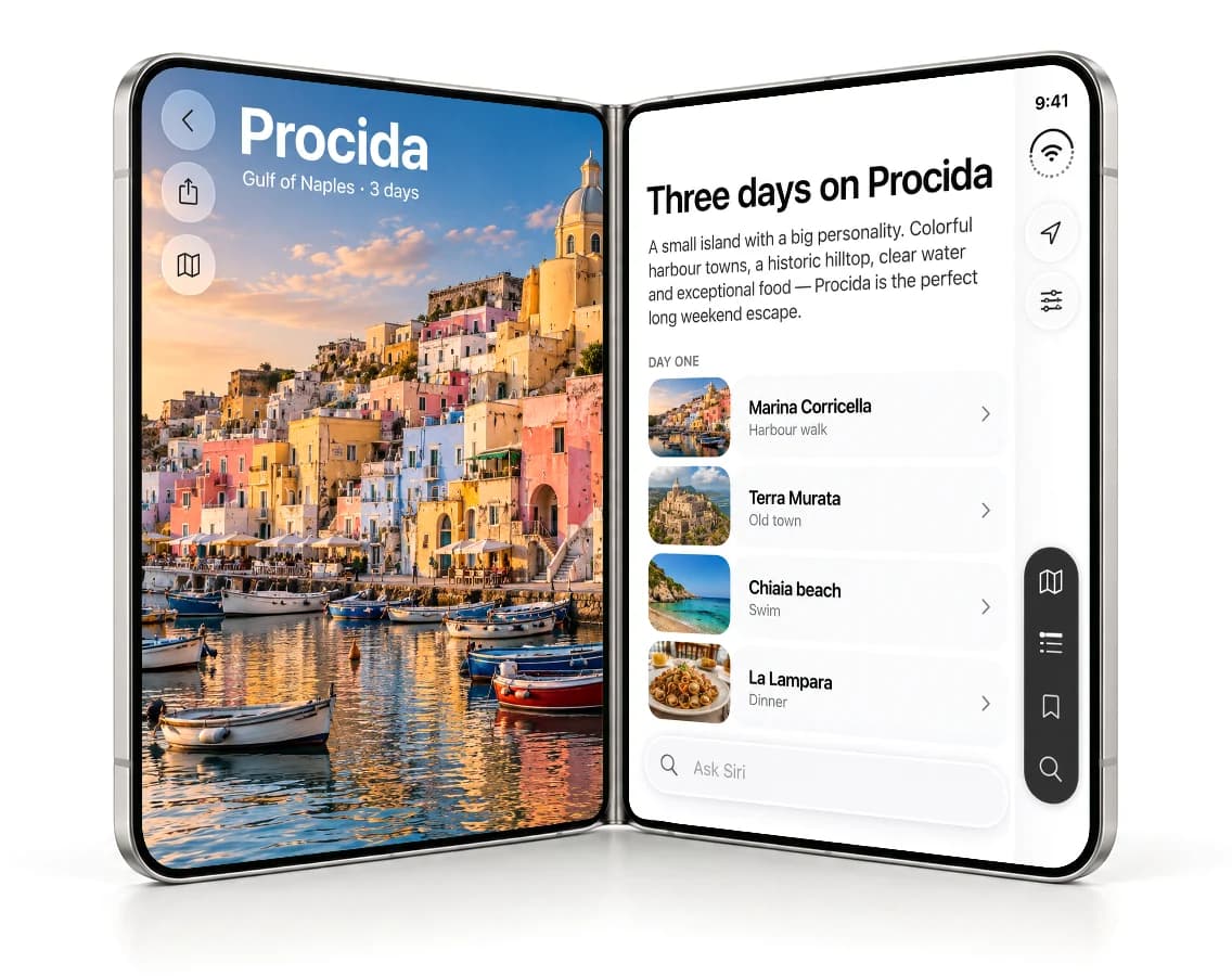 iPhone Duo standing half open like a book: Procida's harbour full bleed on the left page, a three-day guide on the right.