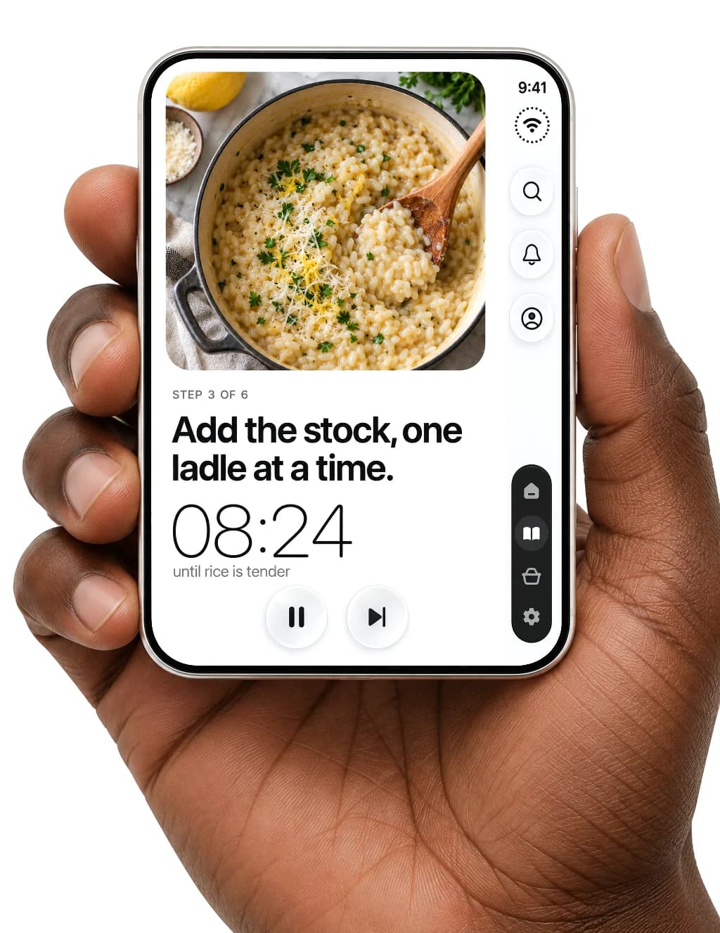 A hand holding iPhone Duo closed, its outer screen showing Supper, a cookbook, in cooking mode: step 3 of 6 and a timer.