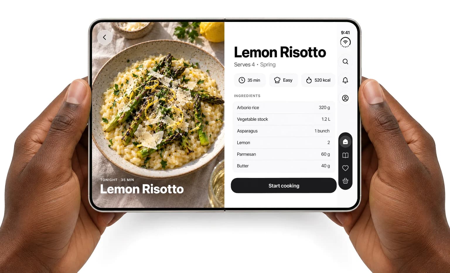 Two hands holding iPhone Duo open: a full-bleed photo of lemon risotto on the left page, the recipe and its ingredients on the right.