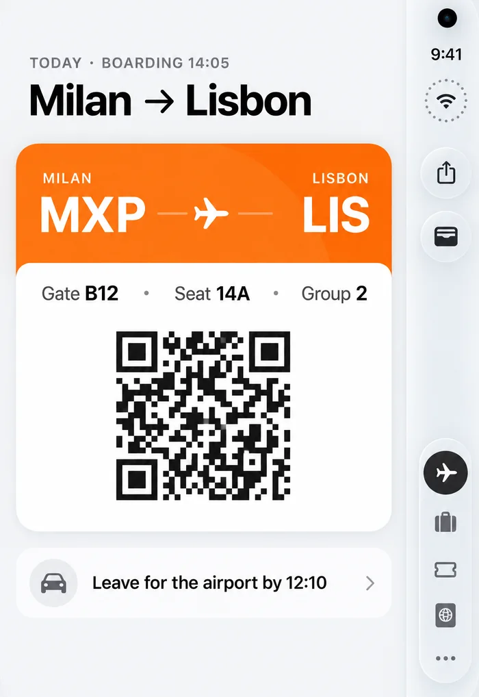 Travel wallet design on the closed iPhone Duo: a boarding pass, Milan to Lisbon