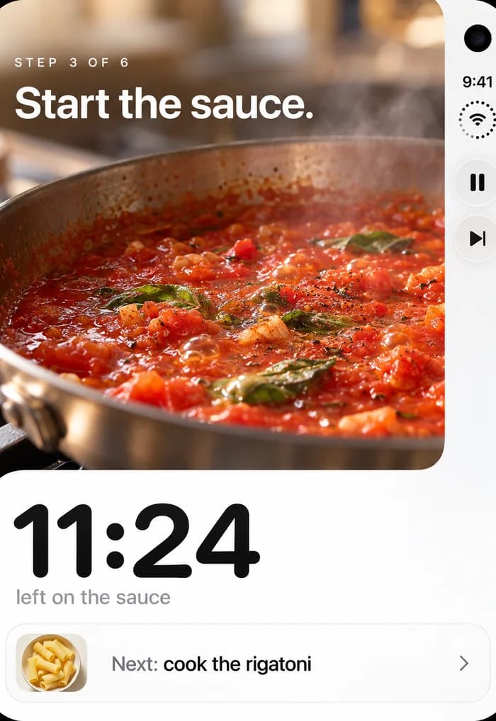 Cooking app design on the closed iPhone Duo: a sauce timer at 11:24