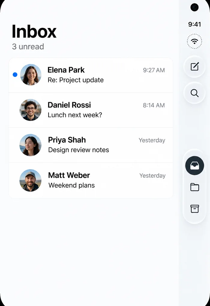 Mail app design on the closed iPhone Duo: an inbox with four messages