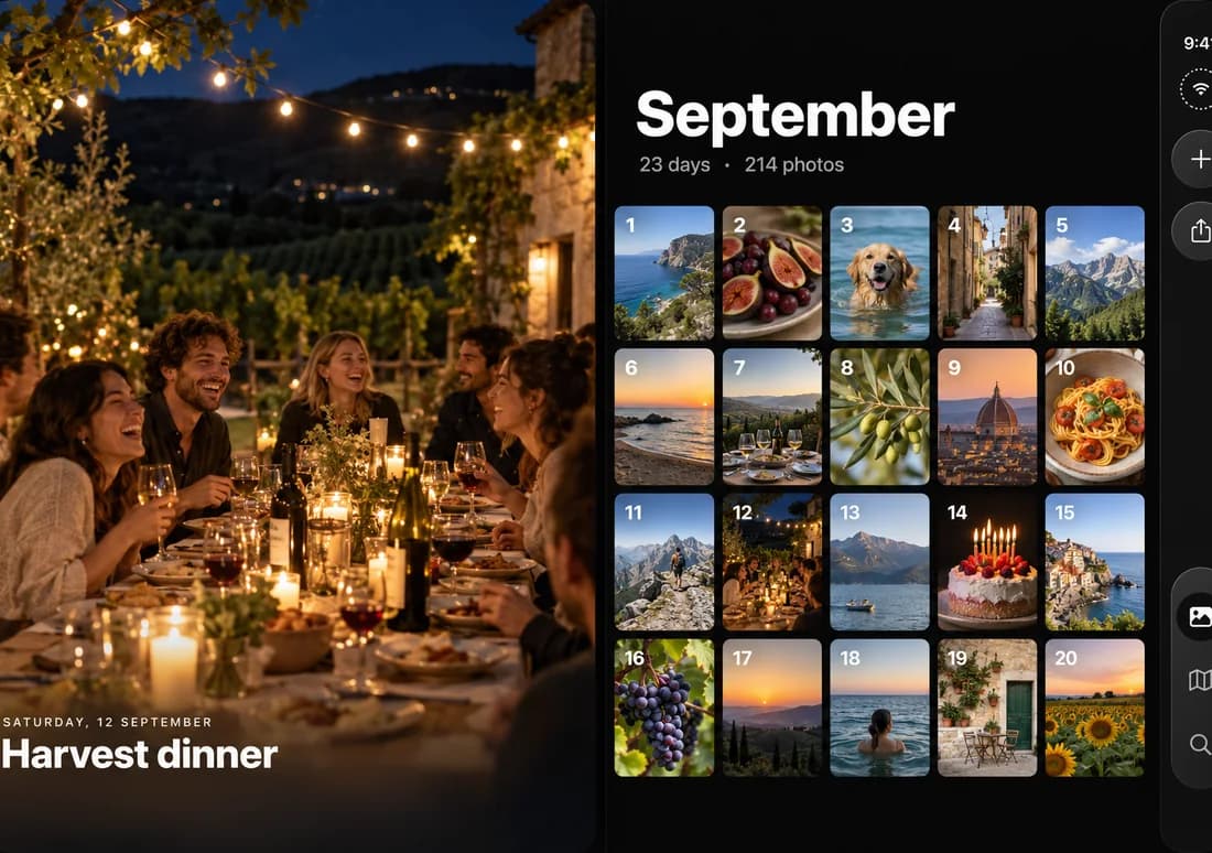 Photo journal design on the open iPhone Duo: a harvest dinner beside September's photos