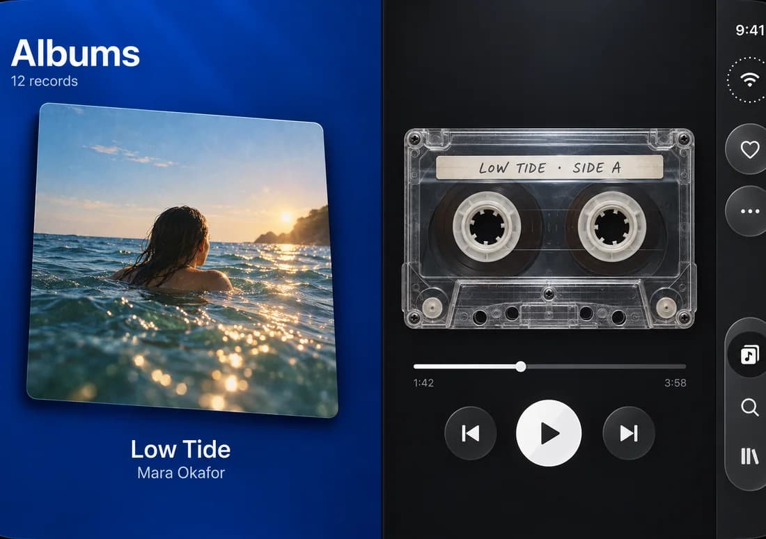 Music app design on the open iPhone Duo: an album cover beside a cassette player