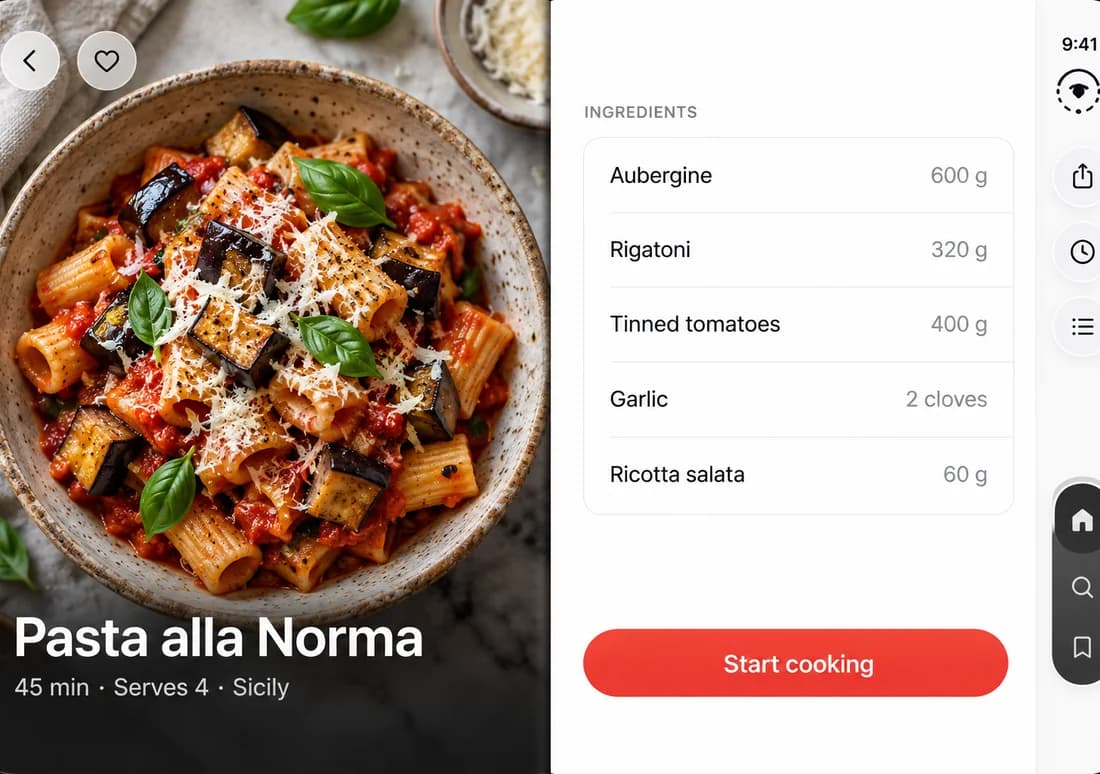 Recipe app design on the open iPhone Duo: pasta alla Norma beside its ingredients