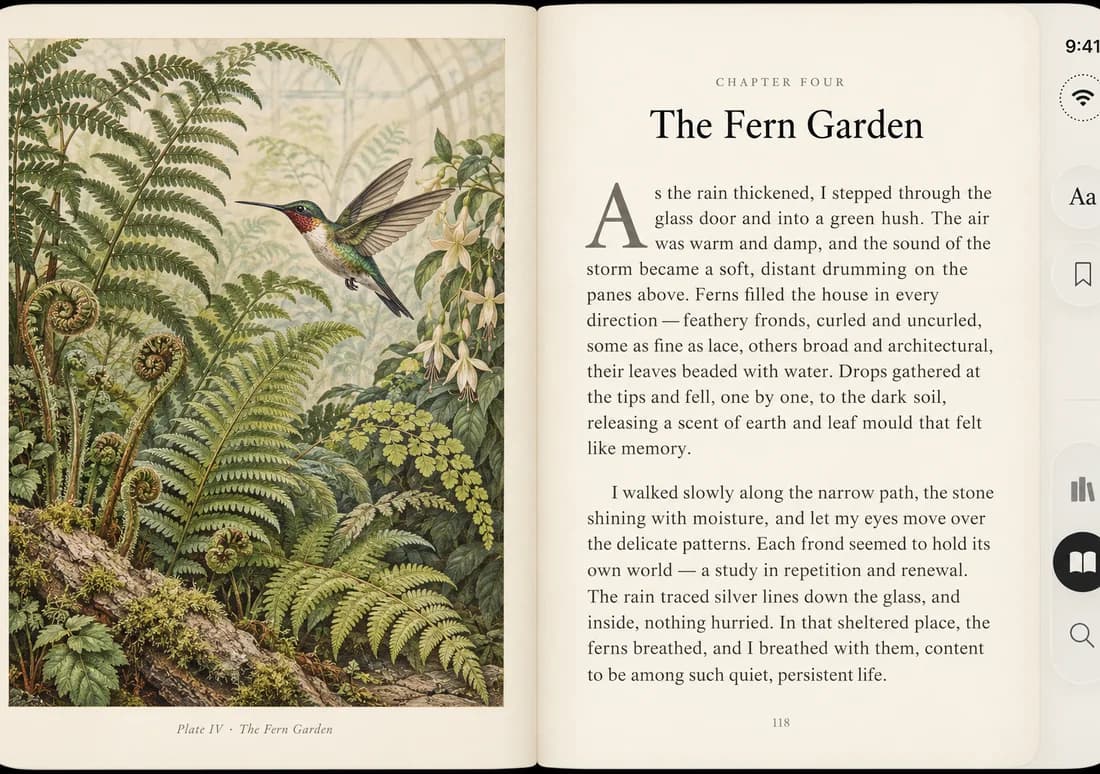 Book reader design on the open iPhone Duo: a botanical plate beside chapter four