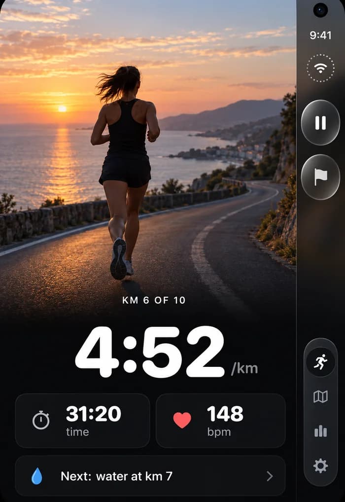 Running app design on the closed iPhone Duo: a 4:52 pace at kilometre 6