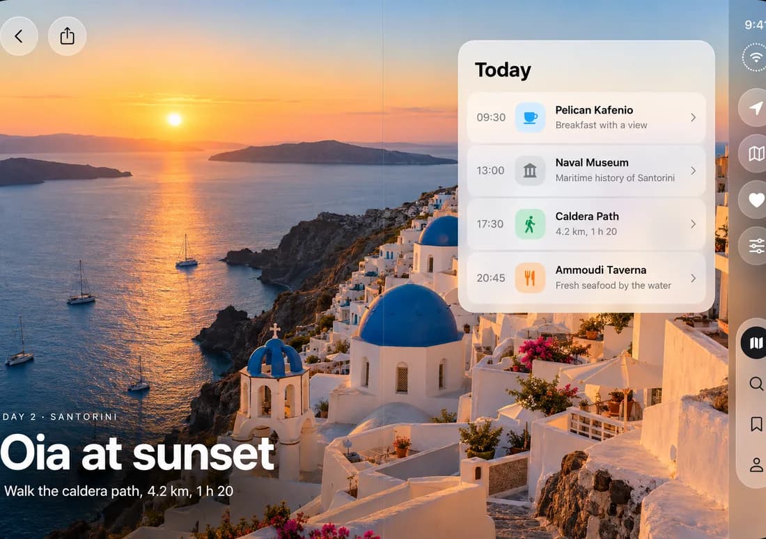 Travel guide design on the open iPhone Duo: Santorini at sunset with the day's plan
