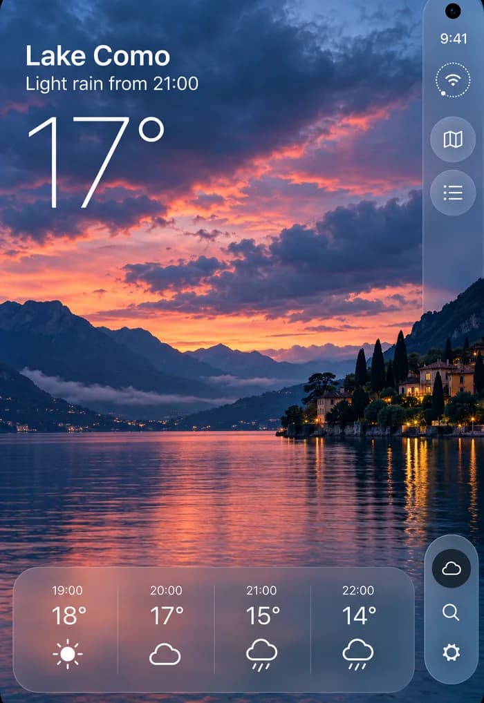 Weather app design on the closed iPhone Duo: Lake Como at dusk, 17 degrees