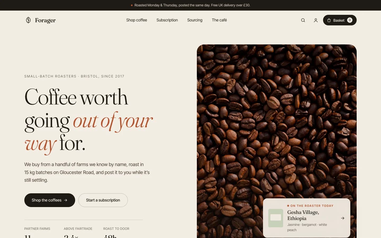 Coffee roaster, by Claude on its own: warm paper, a serif headline with an italic word, a pill above it.