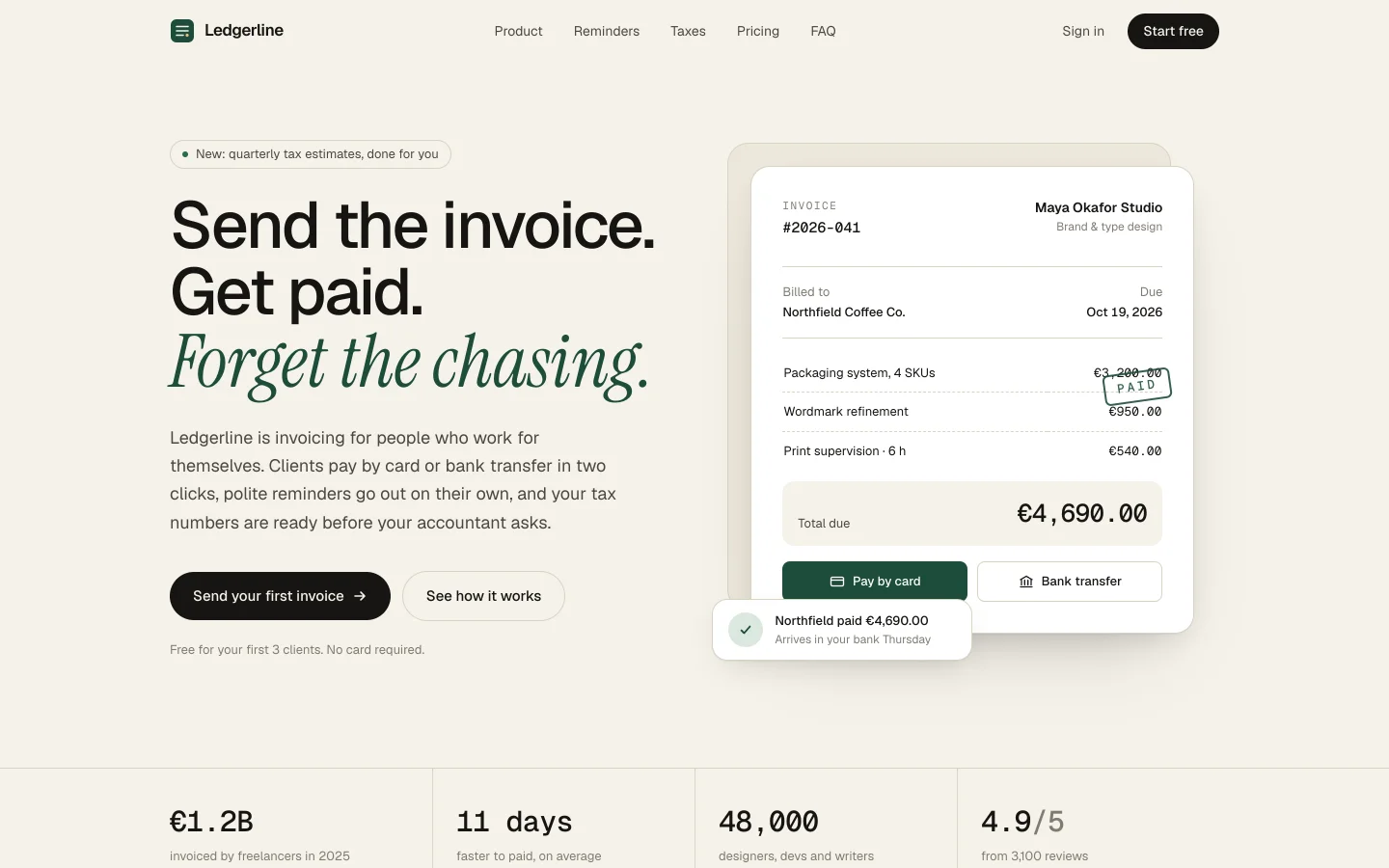 Invoicing app, by Claude on its own: warm paper, a serif headline with an italic word, a pill above it.