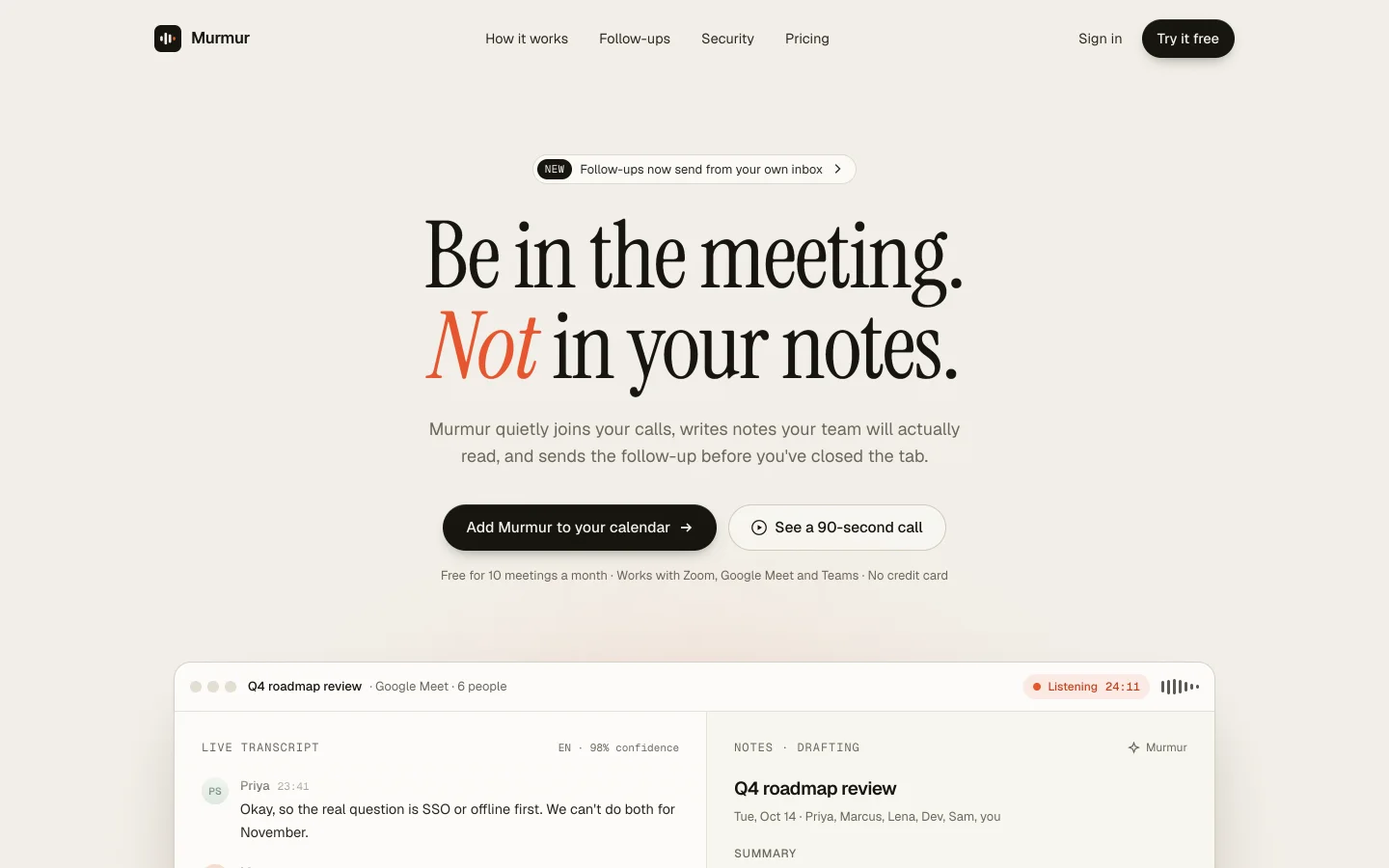 AI meeting notes, by Claude on its own: warm paper, a serif headline with an italic word, a pill above it.