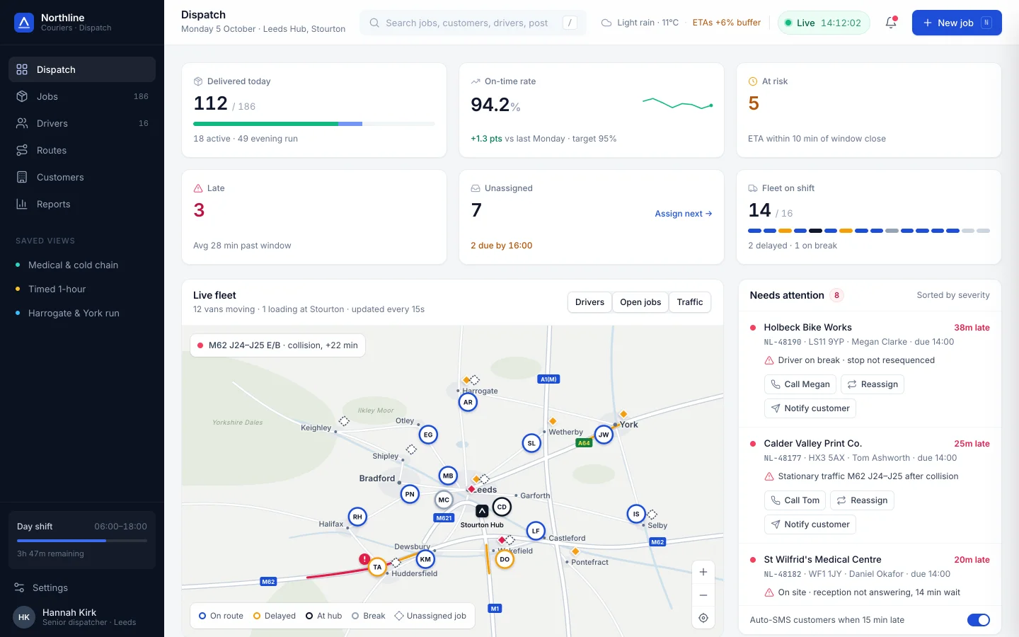 A courier dispatch dashboard by Claude on its own: a sidebar, a row of metric cards, a map card and a list card.