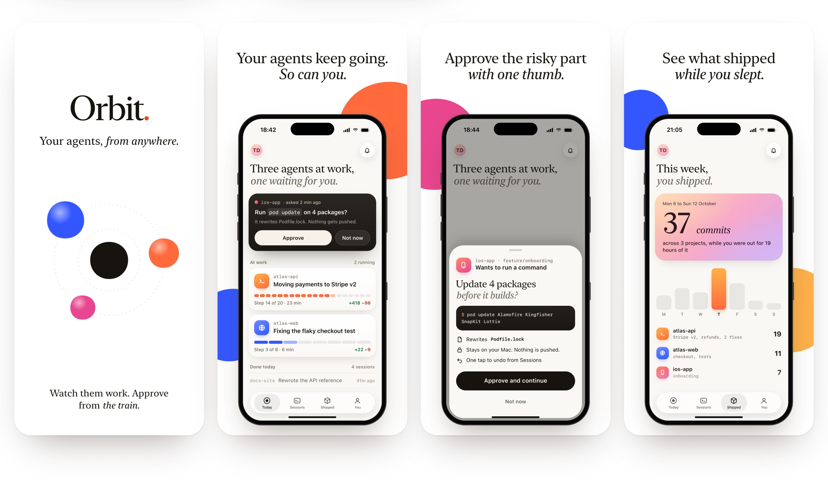 Four App Store screenshots for Orbit, designed with App Designer Pro.
