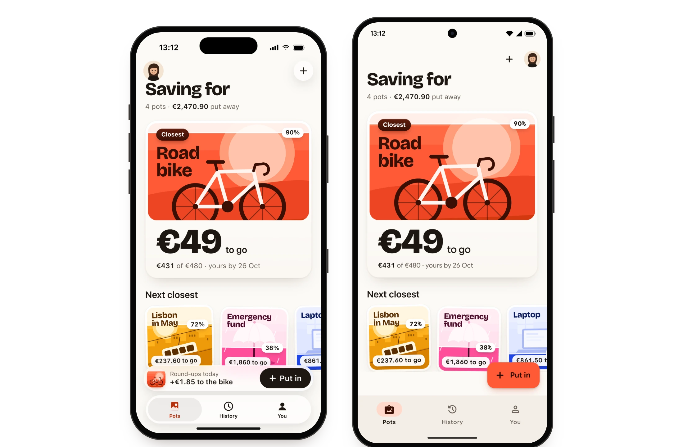 A savings app designed with App Designer Pro, on iPhone and on Android.