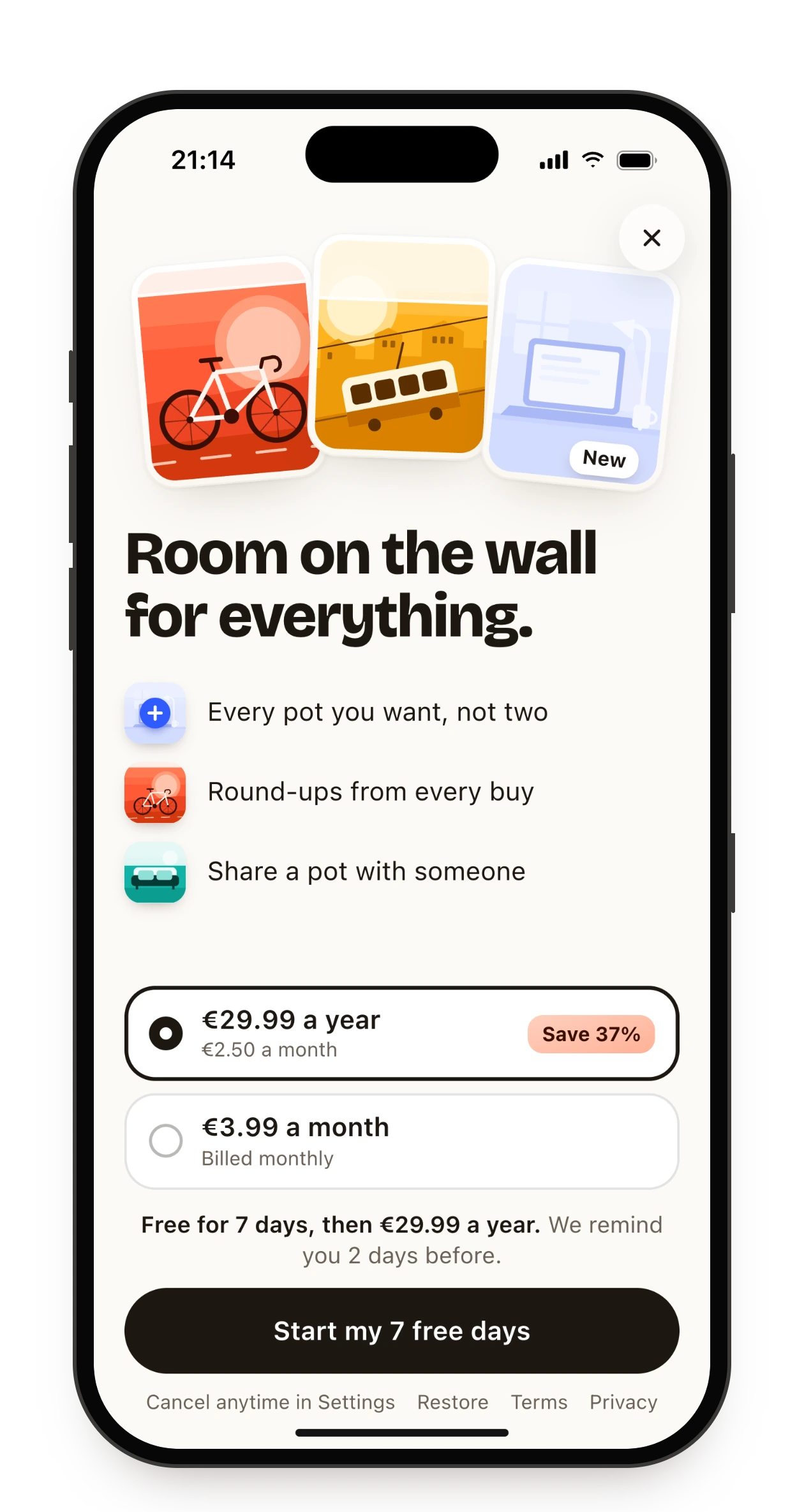 A savings app paywall designed with App Designer Pro: €29.99 a year, free for 7 days.