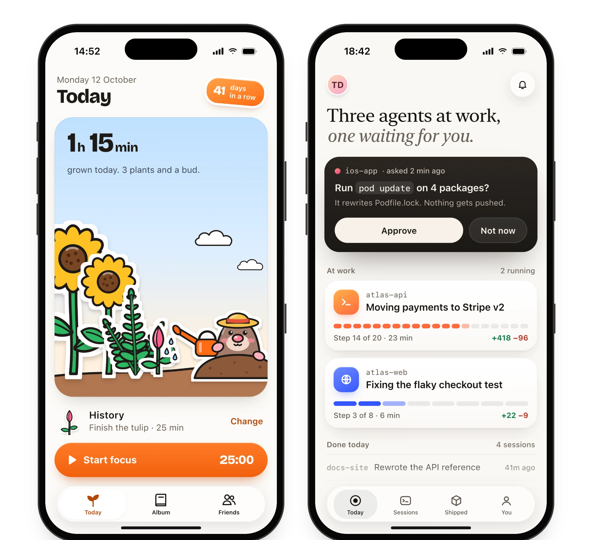 A focus timer and Orbit, an app for watching your coding agents, both designed with App Designer Pro.