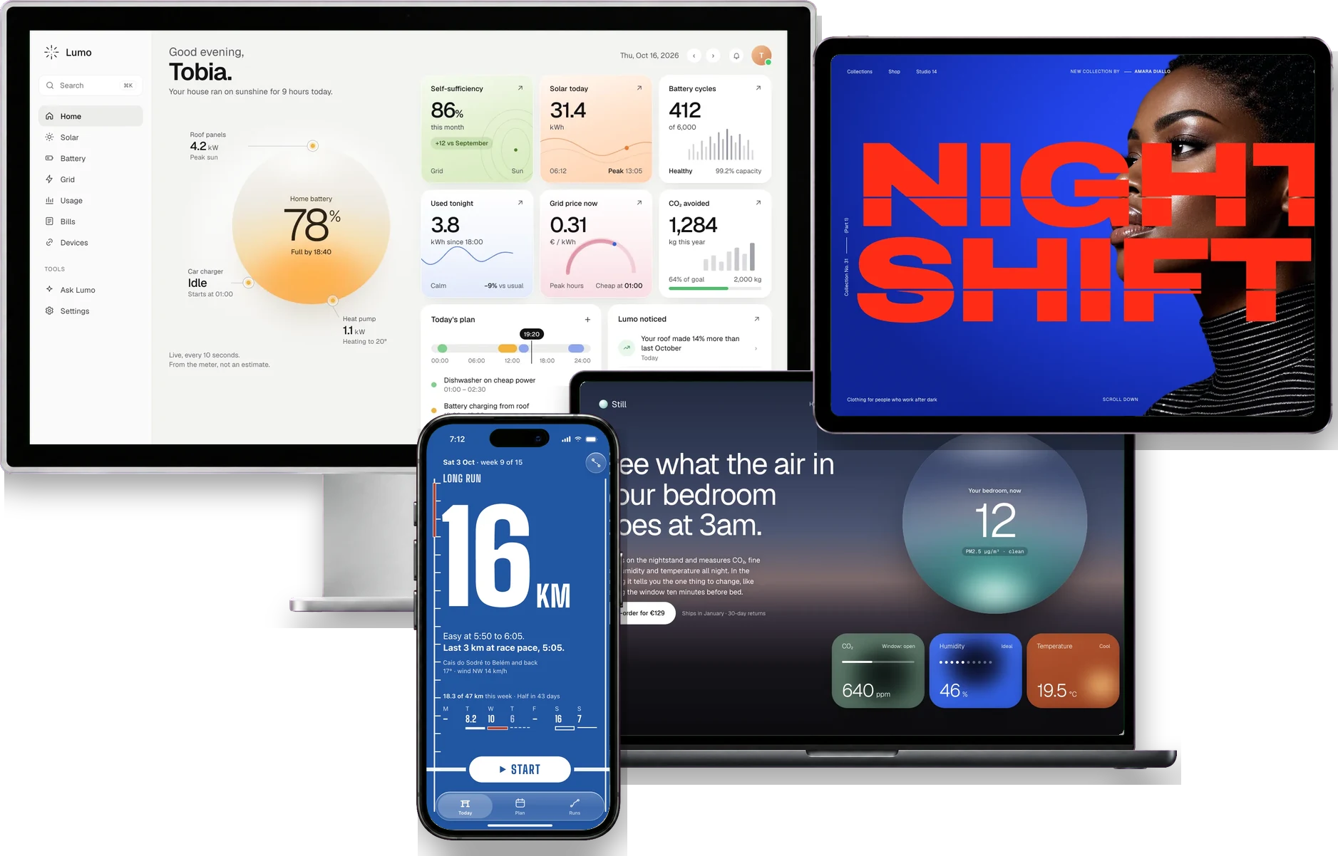 A Studio Display, an iPad, a MacBook and an iPhone, each showing a real screen: an energy dashboard, a fashion page, an air monitor page and a running app.