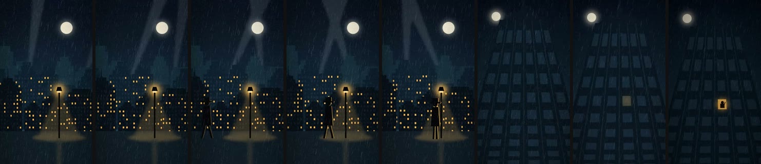 Eight frames of The Last Light, one a second: the skyline, the man walking into the lamp light, the tower, the lit window.