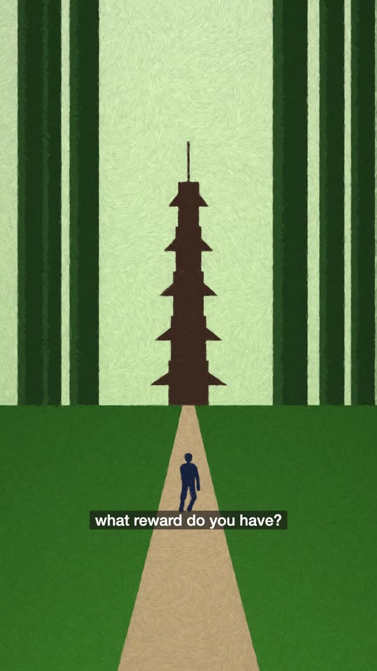 A small figure on a path to a pagoda between tall dark trees, in flat gouache.