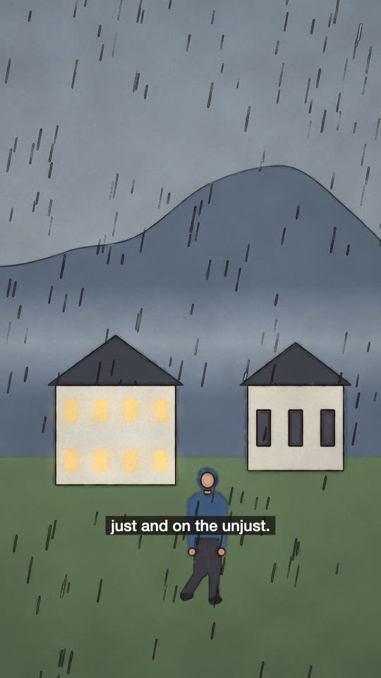 A hooded figure walking through rain past two houses and a mountain, inked in wobbly lines.