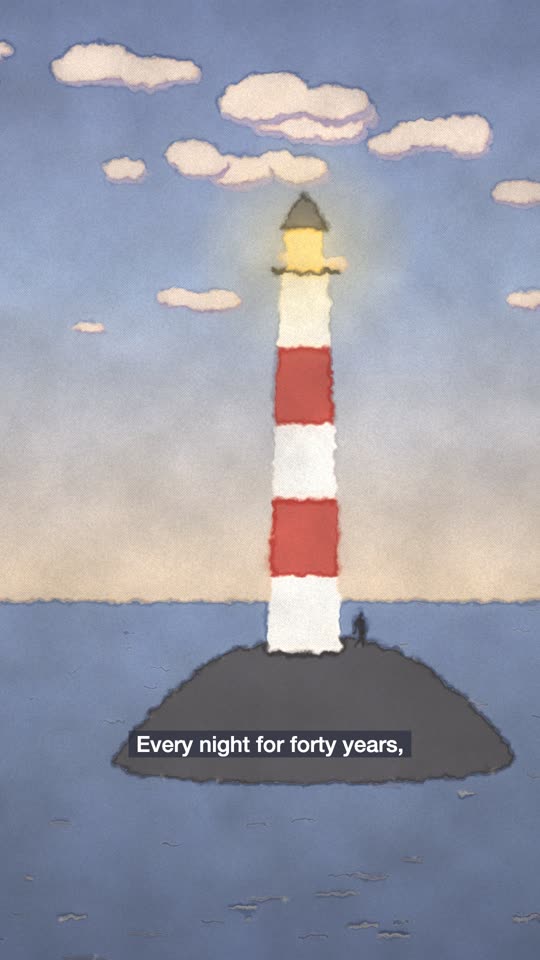 A red and white lighthouse on a rock at dusk, in soft watercolour washes.