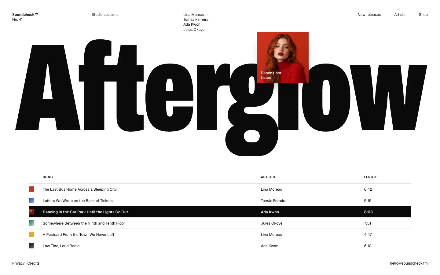 A record label page: the word Afterglow edge to edge in black with a cover photo dropped on it, and a tracklist below.