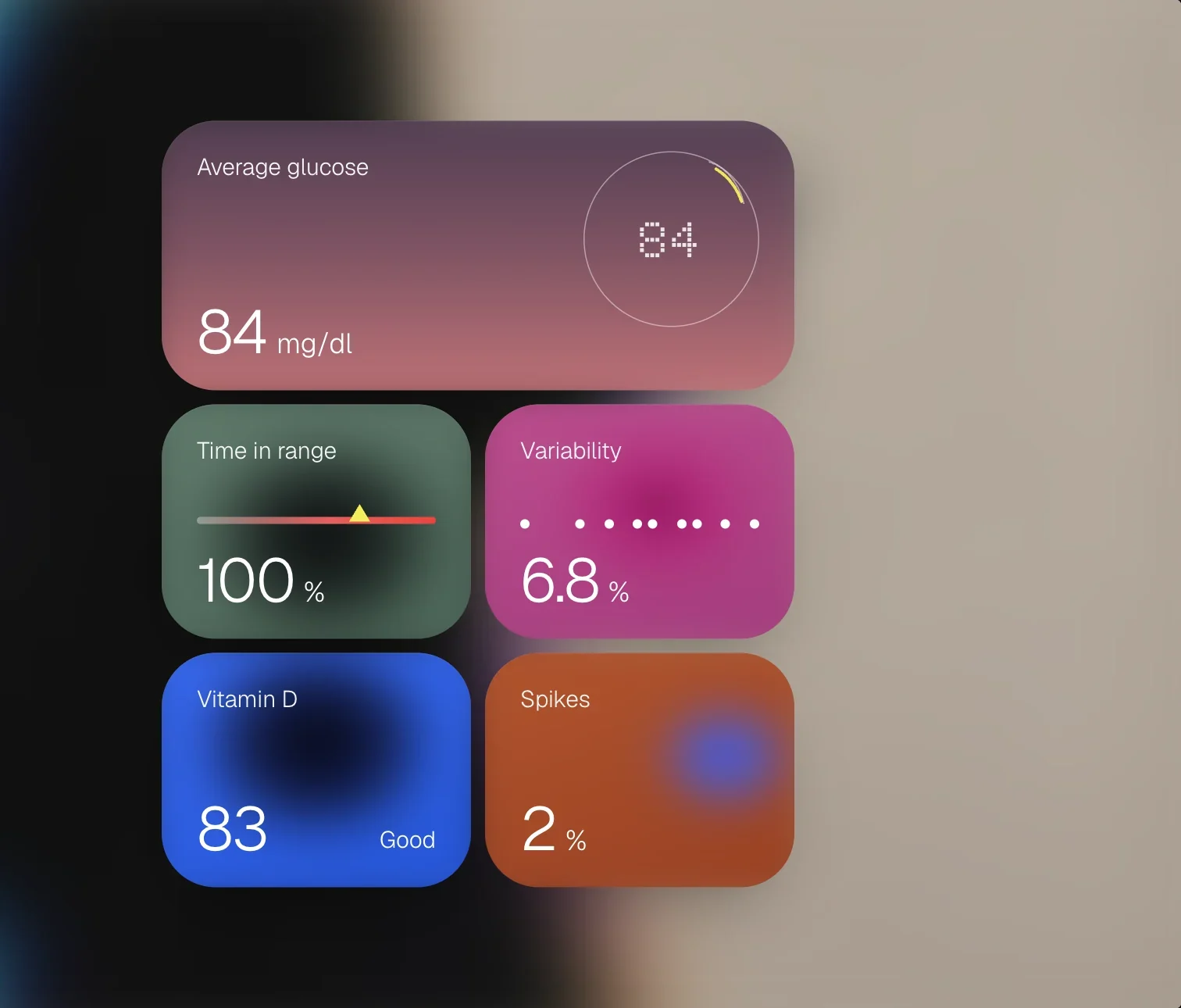 Five rounded metric cards glowing from inside in rose, sage, magenta, cobalt and rust, over a softly blurred photo.