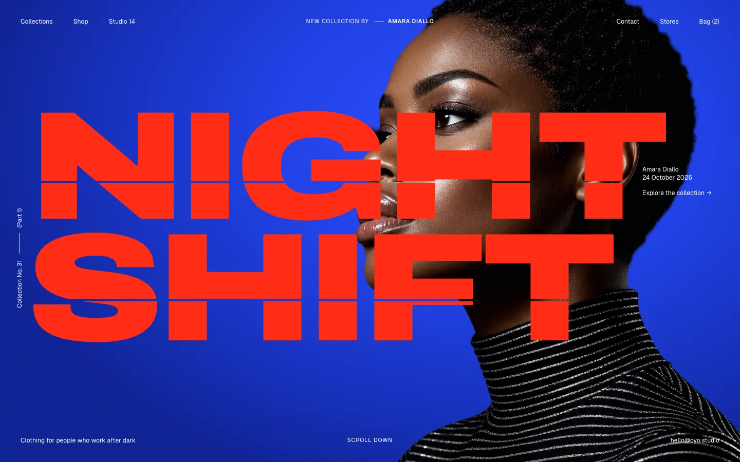 A fashion page: huge wide red letters NIGHT SHIFT over a cut-out portrait on cobalt, with small labels on the edges.