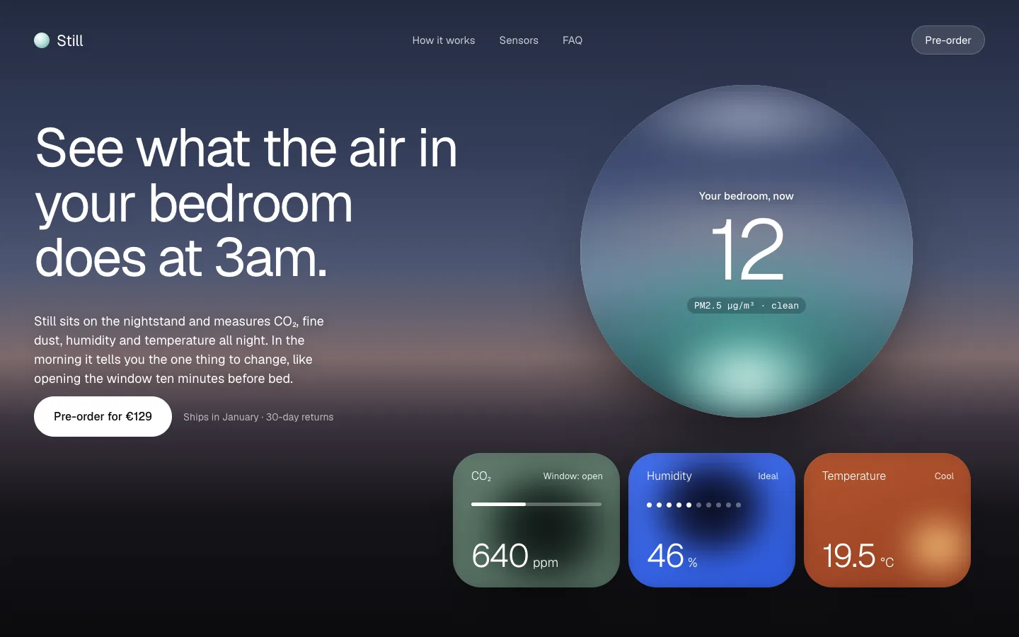 A product page for an air monitor: a dusk sky, a glass orb showing 12, three glowing cards for CO2, humidity and temperature.