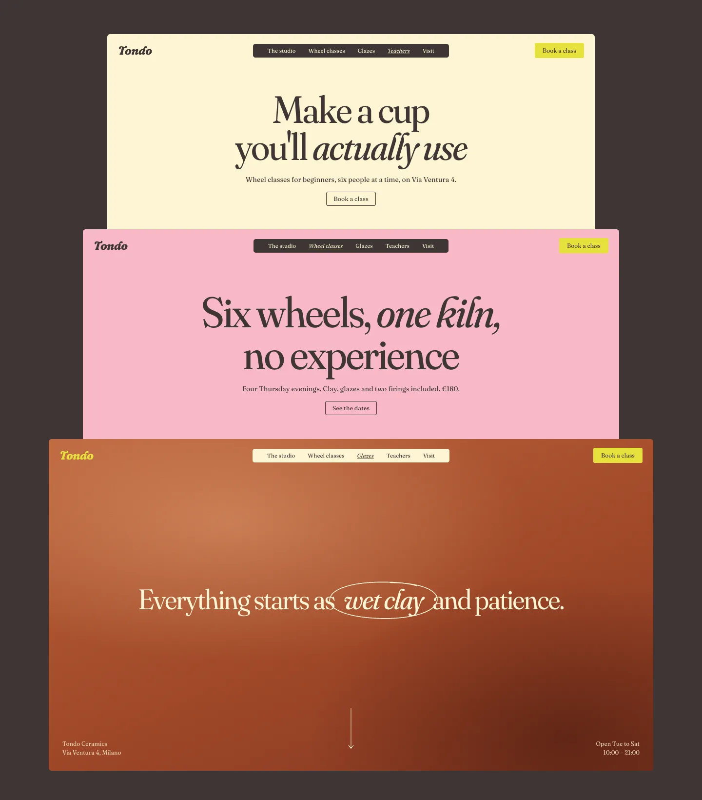 A ceramics school page in three colour sections, a serif headline with italics, and a hand-drawn circle around the words wet clay.